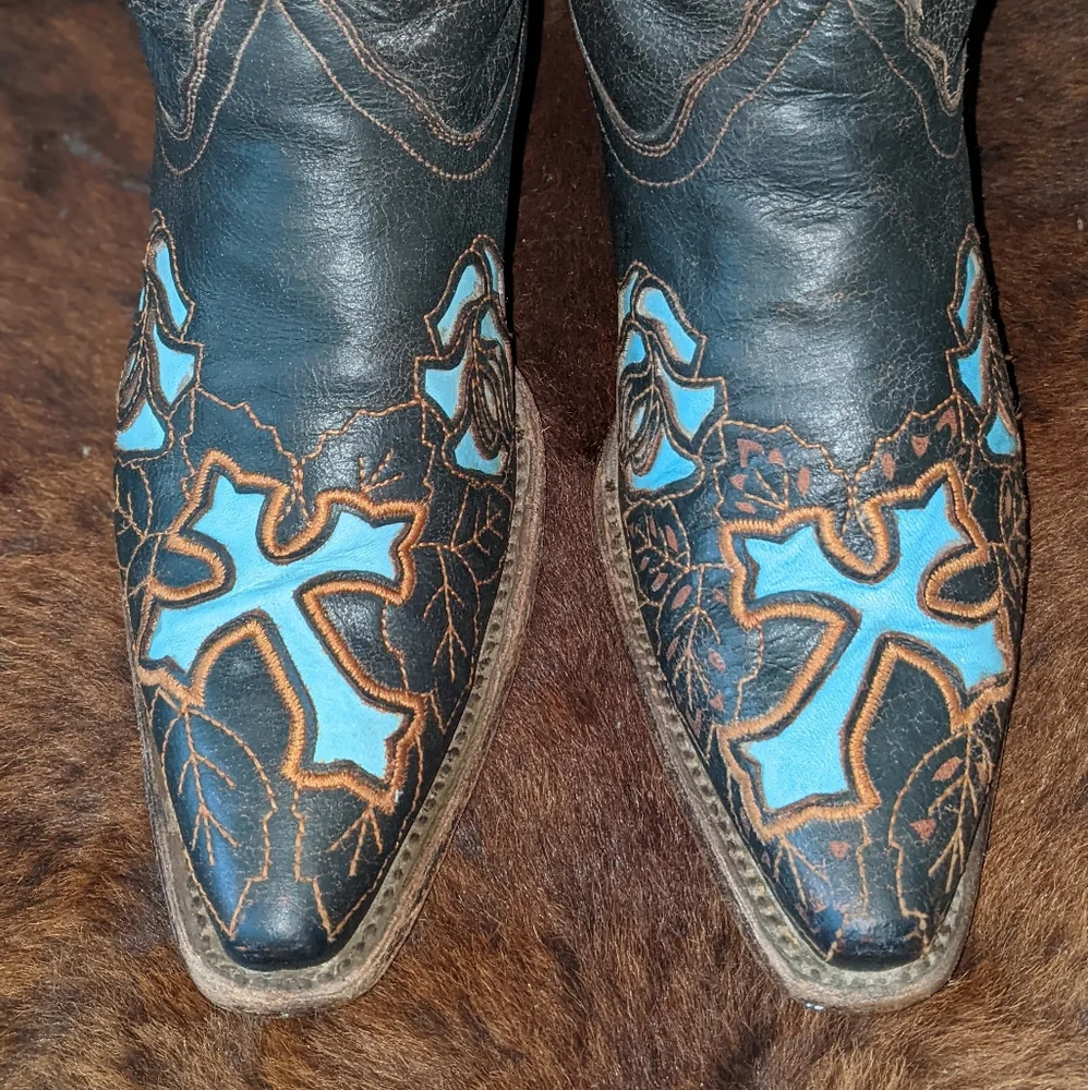CORRAL R2482 Espresso brown & turquoise inlay crosses & roses cowgirl boots sz 7 - Picture 9 of 16